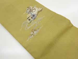 手織り紬抽象に草花模様刺繍名古屋帯